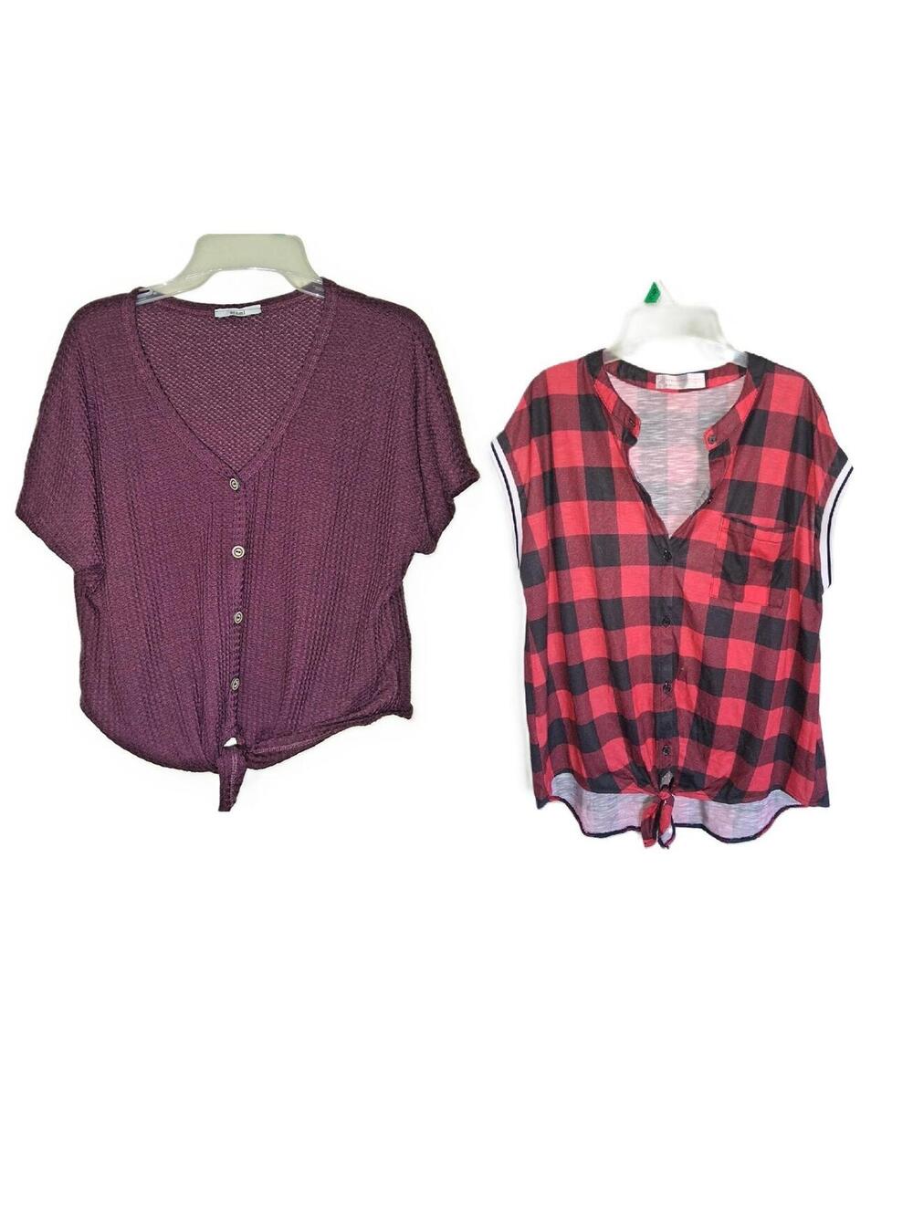 2 Plus Size XL 15-17 Tie Bottom Shirt Blouse Top Stretch Button Down Shirts
